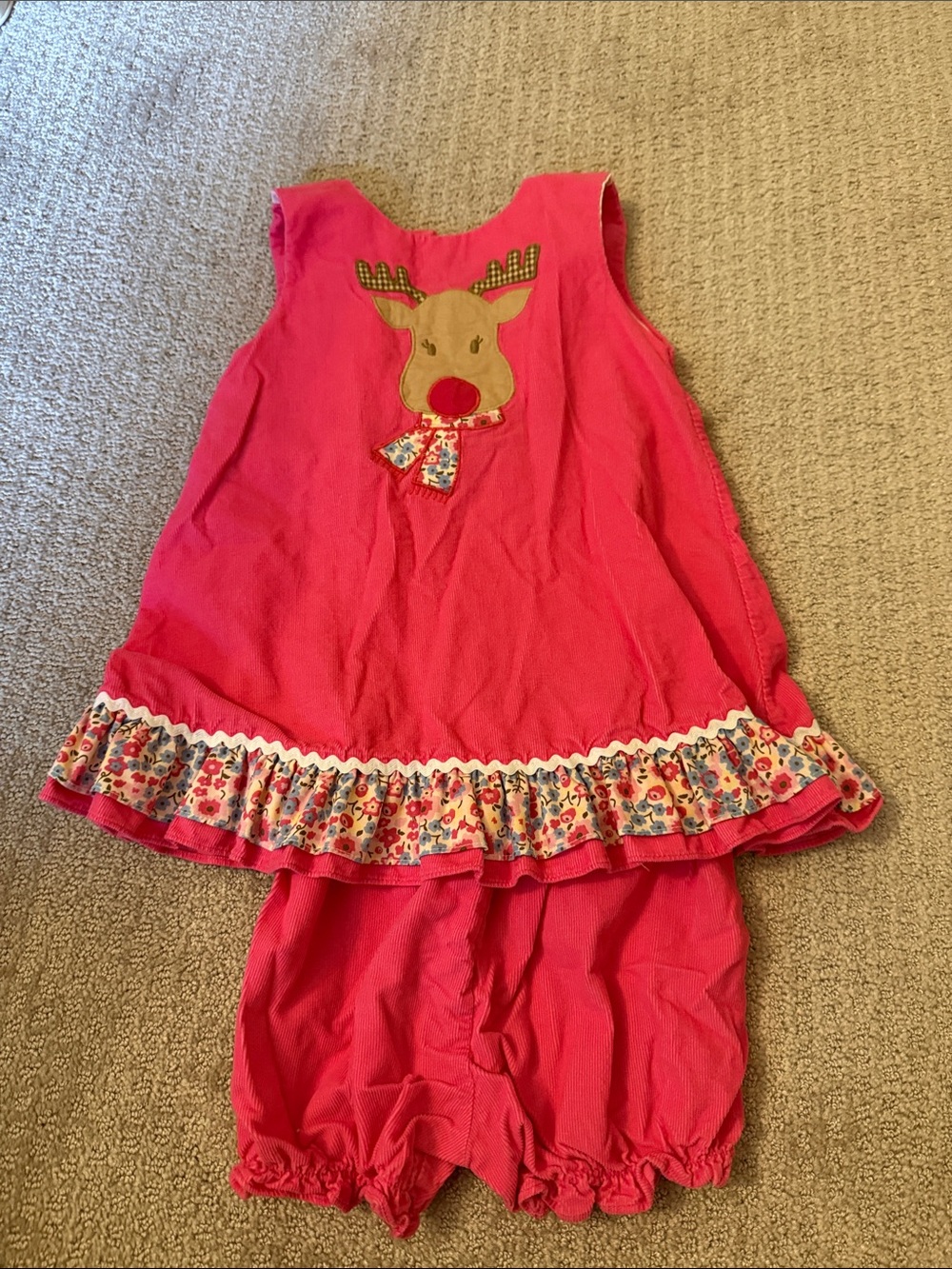 Girls Bright Pink Reindeer Ruffle Dress With Bloomers